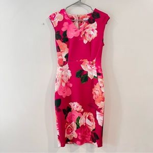Calvin Klein Hot Pink Floral Scuba Knit V Neck Sleeveless Sheath Dress Size 4